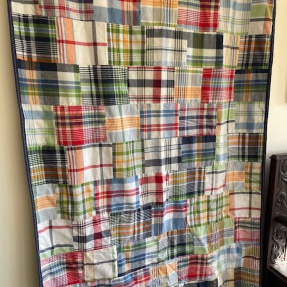POTTERY BARN KIDS Blue Madras Plaid Patchwork Blackout Curtain Panel (1) - Picture 7 of 16